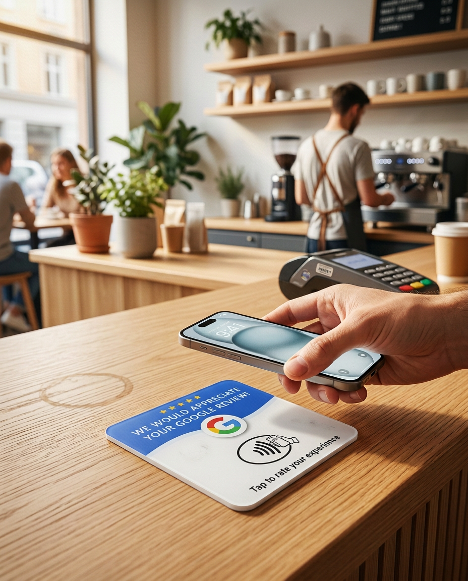 NFC Google review plaque placed flat beside a payment terminal at a checkout counter